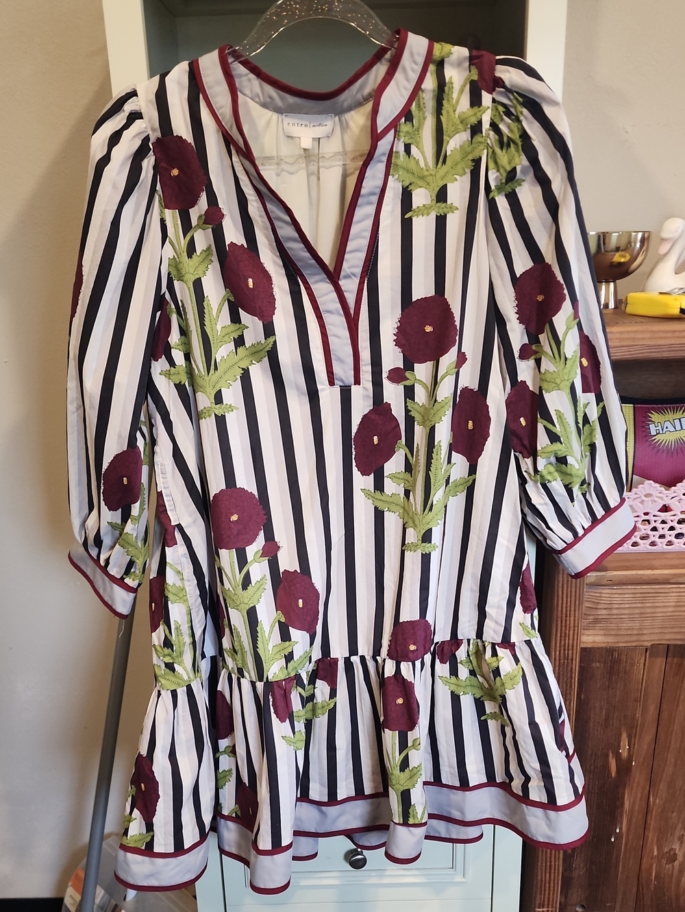 entro Black & White Striped Mini Dress with Burgundy Floral Embroidery
